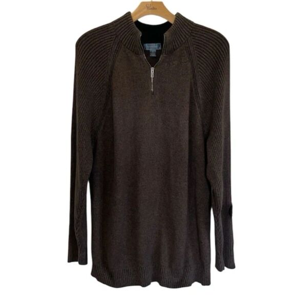 Northcrest Classic Men's 3XLT 1/4 Zip Brown Soft Knit Sweater with Ribbed Hems - Picture 2 of 10